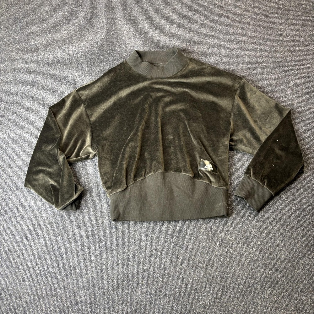 Adidas Sweatshirt Womens XS Black Velour Cropped‎ Pullover Crewneck Logo Patch